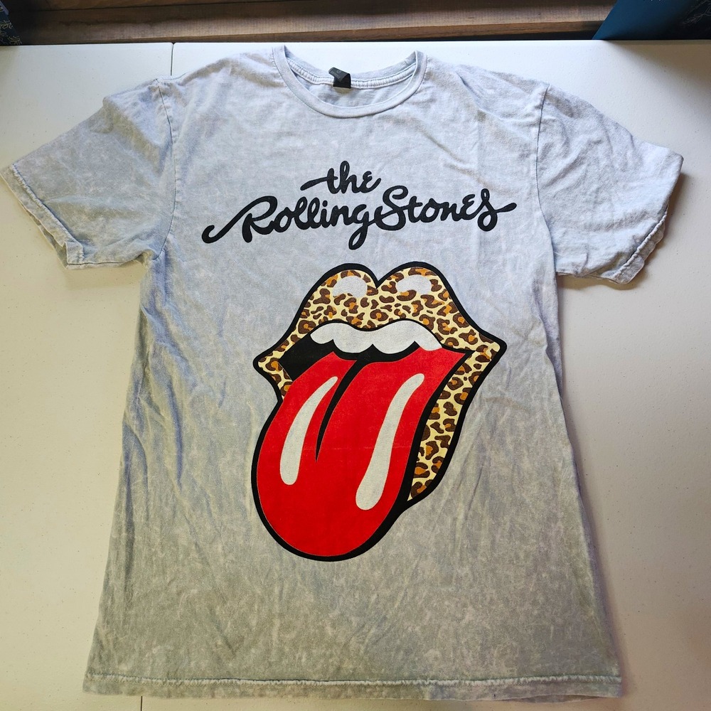 Rolling Stones Tongue Logo Gray Graphic T-Shirt Leopard Print